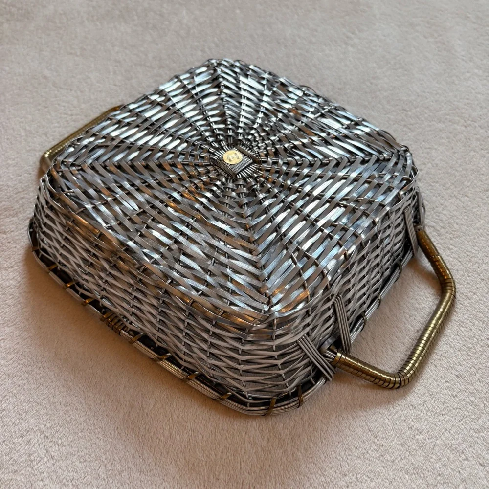 Woven Metal Square Serving Basket with Handles - Silver and Brass NWT